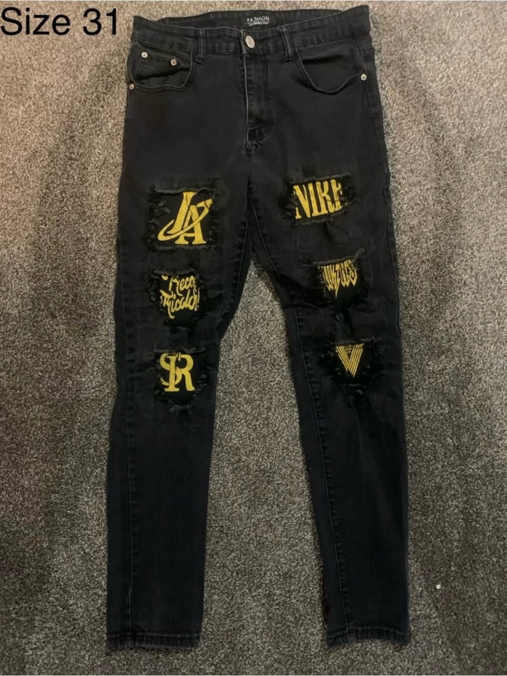Black Skinny Distressed Men’s Jeans with Yellow Contrast Patch Details
